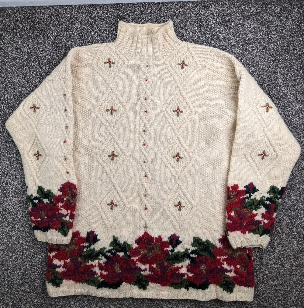 Cream Floral Pattern Knit Sweater